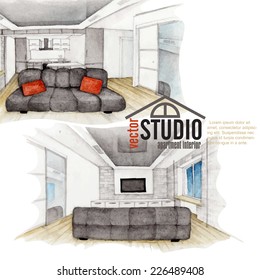 Modern Watercolor Interior Design, Eps 10 Vector Illustration