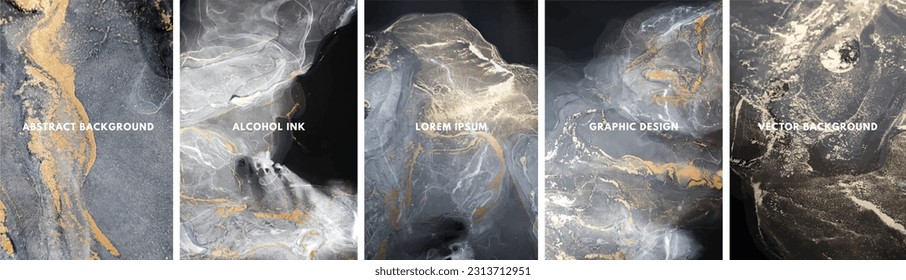 Modern watercolor vector background. With abstract black alcohol ink waves and golden splashes.