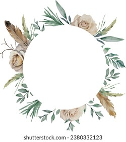 Modern Watercolor vector boho floral rose illustration - flower leaf and feathers wreath frame with circle geometric shape. Greenery floral border save the date, Template with space for text, making c