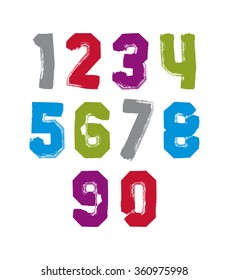 Modern watercolor vivid brushed numbers set, hand-drawn colorful stylish numerals isolated on white background. 