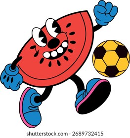 Personaje moderno del estilo plano de la mascota de la sandía que juega al fútbol