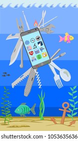 A modern waterproof multi-instrument phone for active life full of adventure. Gadget for tourists, divers, rescuers, hunters, fishermen, military and survivors.