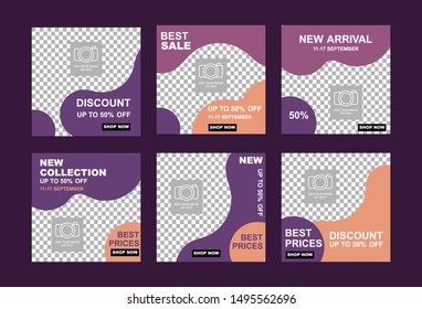 Modern wave fluid background template. Social media post set template with photo vector. Promo Brand Fashion. Stories. Streaming. 
