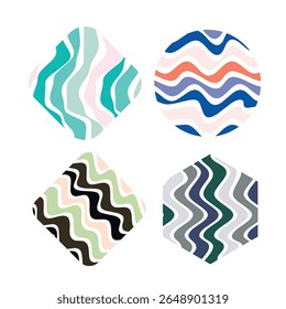 Modern Wavy Abstract Patterns in Geometric Shapes ; Circle, Hexagon, and Rounded Squares. Ideal for Trendy, Seamless Backgrounds and Digital Design Aesthetics.