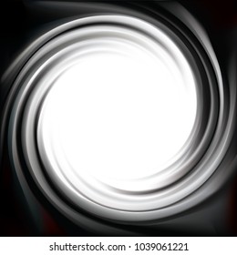 Modern wavy eddy ebon aqua backdrop of glossy rippled spraying surface. Closeup view with space for text in white glowing center in middle of funnel