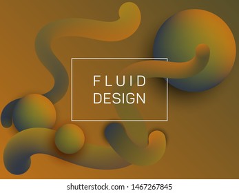 Modern wavy fluid and spherical gradient shapes banner template. 3d motion concept background, bubbles and curve shapes flow. Gradient fluid elements future design. Techno style for web.