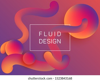 Modern wavy fluid and spherical gradient shapes poster design. 3d motion concept background, bubbles and curve shapes flow. Gradient fluid elements organic design. Chemical wallpaper.