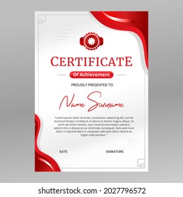 Modern Wavy Portrait certificate template. White and red background vector illustration. Elegant certificate for excellence, achievement, appreciation, Graduation, etc.