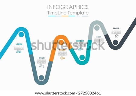 Modern wavy timeline infographic template with colorful segments, icons, and text blocks for visualizing project stages or historical events. Vector illustration.