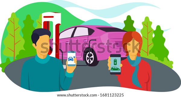 The modern way to pay for\
refueling. Illustration of electric car with a beautiful\
background