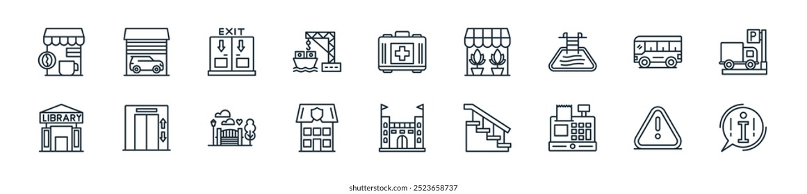 modern wayfinding icon pack. perfect for linear ui designs featuring vector information, danger, cash hine, stairs, castle, police station, park and more icons for mobile and web apps.