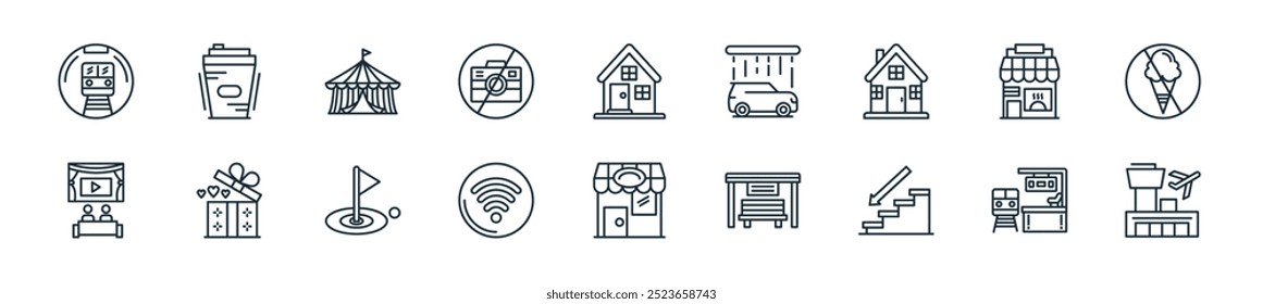 modern wayfinding icon pack. perfect for linear ui designs featuring vector airport, train station, downstairs, bus stop, restaurant, wifi, golf and more icons for mobile and web apps.