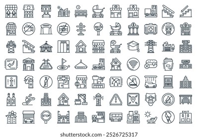 modern wayfinding icon pack. perfect for minimalist ui designs featuring vector exit door, no ice cream, lounge, cash hine, bus, train station, appartment, and more icons.