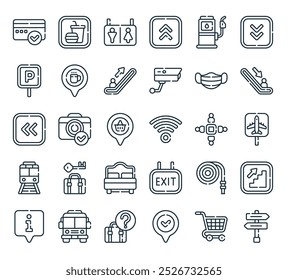 Perfecto para diseños de interfaz de usuario lineal con direcciones de Vector, carrito, check in, equipaje no reclamado, autobús y más iconos.