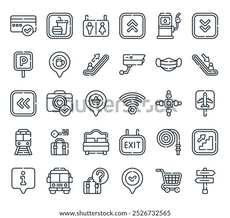 modern wayfinding icon pack. perfect for linear ui designs featuring vector directions, trolley, check in, unclaimed luggage, bus and more icons.