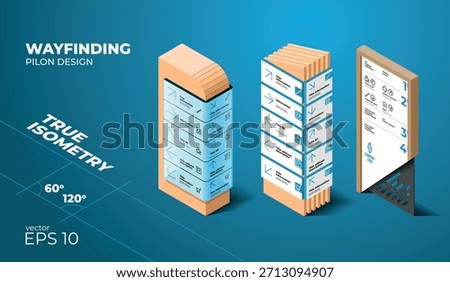 Modern Wayfinding Pilon Directory Design Vector Set. Editable templates for indoor navigation signage, featuring floor information, public icons (WC, parking, food), arrows, and abstract patterns.