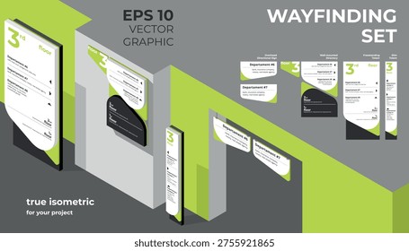 Modern Wayfinding Signage System Set. Isometric Vector Design for Office, Mall or Hospital Navigation. Directional Wall Mounted Signs, Freestanding Totem and Overhead Pylons in Green and Black.