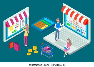 Modern ways of trading illustration. B2B marketplace, online store purchases, shipping by mail. Vector concept of internet online shopping for people and businesses with modern payment systems