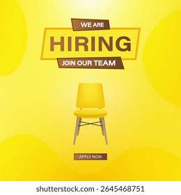 Modern we are hiring banner with yellow chair on vibrant yellow gradient background. Perfect for job vacancy ads, recruitment campaigns, HR promotions, or professional hiring announcements