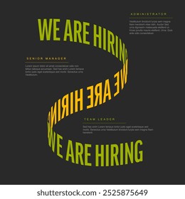 Modern we are hiring poster with green yellow letters on dark background with three free positions descriptions. Multipurpose Join our team banner flyer template