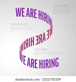 Modern we are hiring poster with purple letters on light background with three free positions descriptions. Multipurpose Join our team banner flyer template