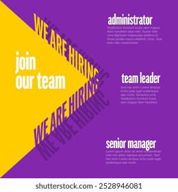 Modern we are hiring poster with purple yellow letters on color background with three free positions descriptions. Multipurpose Join our team banner flyer template