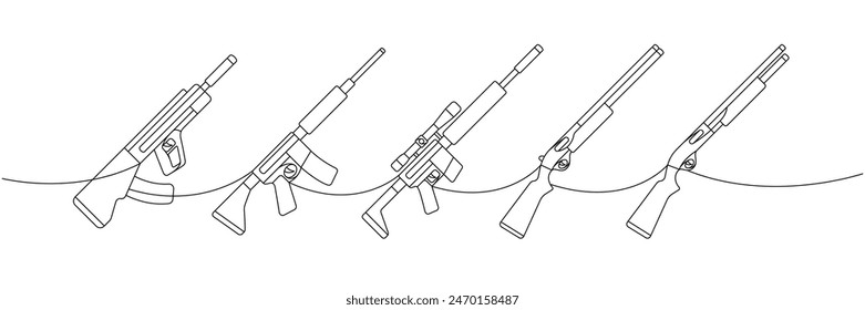 Modern weapons one line continuous drawing. Tactical assault rifles, smoothbore guns continuous one line illustration. Vector linear illustration.