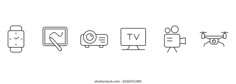 Modern wearable smart device and digital technology icon bundle including drone camera tv projector watch vector line illustration pack.