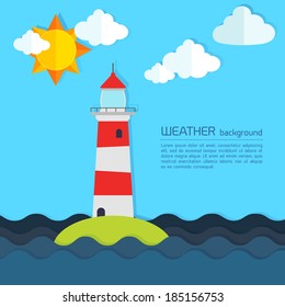 Modern weather background with lighthouse, sun and clouds 