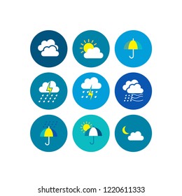 Modern weather flat icons set. Flat vector symbols on coloured backgrounds.
