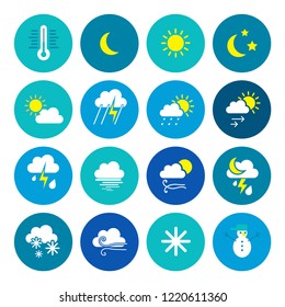 Modern weather flat icons set. Flat vector symbols on coloured backgrounds.