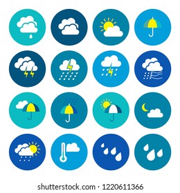 Modern weather flat icons set. Flat vector symbols on coloured backgrounds.