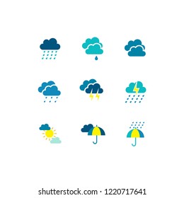 Modern weather flat icons set. Flat vector symbols on coloured backgrounds.