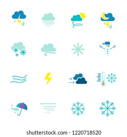 Modern weather flat icons set. Flat vector symbols on coloured backgrounds.