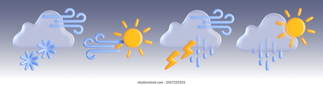 Modern weather forecast symbols in 3d - snowfall with wind, sun with breeze, thunderstorm with lightning and rain drops, drizzle from cloud under bright sunlight. Realistic vector atmospheric elements