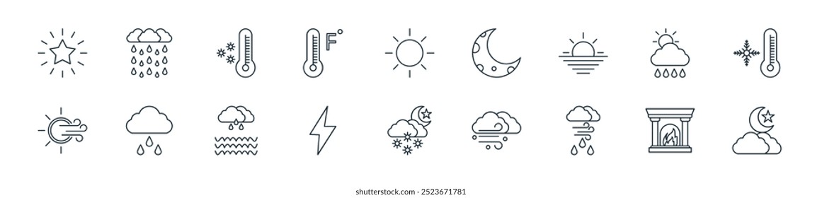 modern weather icon pack. perfect for linear ui designs featuring vector night, fireplace, humidity, windy, night snow, thunder, flood and more icons for mobile and web apps.