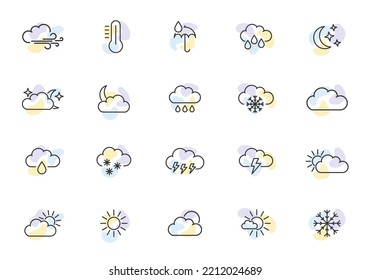 Modern weather icon set. Contour collection of meteorological symbols. ontains symbols of the sun, clouds, snowflakes, wind, moon and more. Set of weather icons in thin line style. Vector