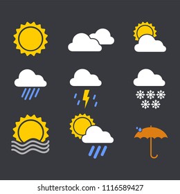 Modern weather icons set. Flat vector symbols on dark background.