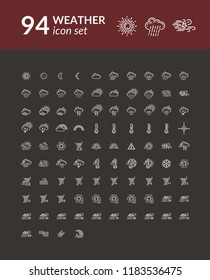 Modern weather icons set. Flat, outline vector symbols on dark background.