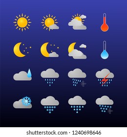 Modern weather icons set. Flat vector symbols on dark background. As labels, sign, simbol