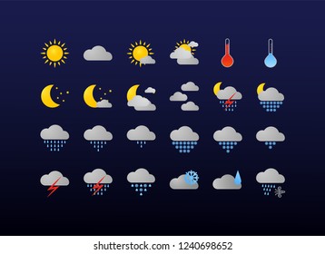 Modern weather icons set. Flat vector symbols on dark background. As labels, sign, simbol