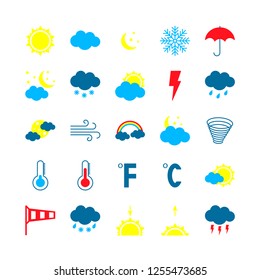 Modern weather icons set. Flat vector illustration. Color symbols isolated on white background for print or web.