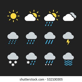 Modern weather icons set. Flat vector symbols on dark background.
