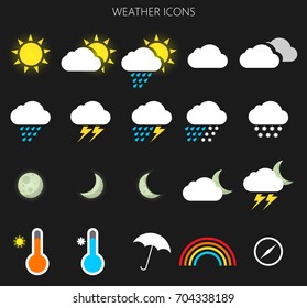 Modern weather icons set. Flat vector symbols on dark background. Vector EPS10