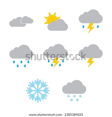 Modern weather icons set. Flat vector symbols on white background. Symbols of rain, rainbow, sun, hot and cold temperature, winter snow and cloud. Meteo forecast pictogram vector set. Rain weather.