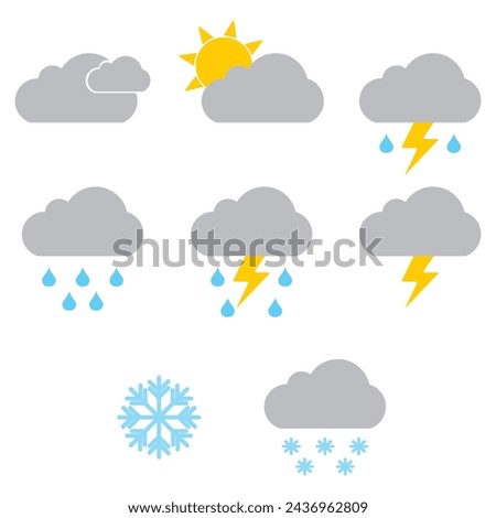 Modern weather icons set. Flat vector symbols on white background. Symbols of rain, rainbow, sun, hot and cold temperature, winter snow and cloud. Meteo forecast pictogram vector set. Rain weather.