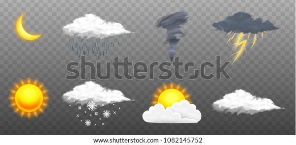 現代の天気アイコンセット 透明な背景に気象記号 モバイルアプリ 印刷 またはウェブ用のカラーベクターイラスト 雷雨と雨 晴れと曇り 嵐と雪 のベクター画像素材 ロイヤリティフリー