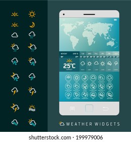 Modern Weather Widget Symbols and Interface Design. Vector illustration. Set of weather icons for web and mobile. Flat design easy editable for your design.