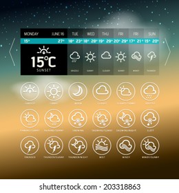Modern Weather Widget Symbols and Interface Design. Vector illustration. Set of weather icons for web and mobile. Flat design easy editable for your design. 