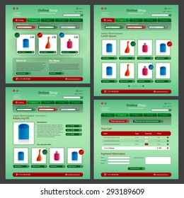 Modern Web 2.0 website perfumery online shop green and red theme with catalog, item, cart and checkout pages. RGB EPS 10 vector template